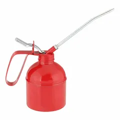 This lever-grip oil dispenser has a 16 fl oz overall capacity and a rigid 6-inch spout. The tin-coated steel body includes a steel pump with two ball valves, delivering a drop or a stream of lubricating oil. Suitable for precision lubrication tasks in industrial settings.