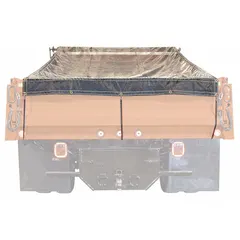 This tarp kit includes a 12 oz PVC-coated vinyl mesh tarp for manual dump trucks and trailers. The mesh construction allows breathability while covering loads such as debris, gravel, or construction materials. No wind deflector is included.
