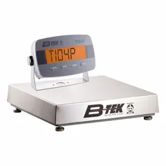 Stainless steel bench scale with corded remote indicator. Capacity 5 lb, readability 0.5 g/0.0005 kg/0.02 oz/0.001 lb. RS-232 port. IP54 rated for dust and splash protection. Suitable for weighing small parts, ingredients, or samples in industrial and laboratory settings.
