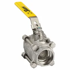 This SHARPE manual two-way ball valve features a 316 stainless steel three-piece straight valve body and a polymer seat. Equipped with a locking lever handle, it is used for on/off flow control in industrial piping systems handling corrosive or high-purity fluids.
