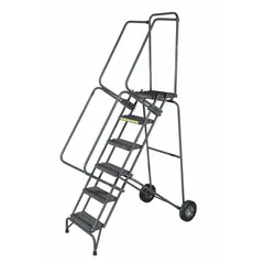 This steel tilt-and-roll ladder provides a mobile access platform with an 8.3 ft working height. It features double handrails for stability and a gray painted finish. The unit is supplied unassembled and has no locking mechanism or rear chain. Suitable for tasks requiring elevated access in warehouses, maintenance areas, and industrial facilities.