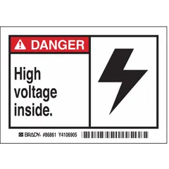 Adhesive vinyl sign for warning of high voltage hazards. Suitable for application on electrical panels, enclosures, and equipment. Pack of 5 signs, each measuring 3 1/2 x 5 inches. Not retroreflective, does not glow in the dark, and has no anti-slip surface.