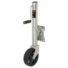 This bolt-on sidewind trailer jack features a wheel base and a static load capacity of 1,500 lb with a maximum lift height of 24 in. Suitable for positioning and supporting trailers on ramps or uneven surfaces during loading, unloading, or storage.