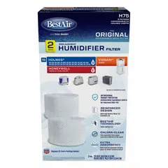 Set of 2 antimicrobial-coated cellulose pads for portable humidifiers. Designed to absorb water and provide a surface for evaporation, these pads help maintain humidity levels in indoor spaces. Compatible with manufacturer model number WWHM3300.
