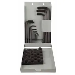 This 13-piece set of metric L-shaped hex keys features a single ball end for angled access up to 25 degrees, suitable for tightening or loosening hex socket screws in confined spaces. The long length provides extended reach, and the black oxide finish offers corrosion resistance. Commonly used in industrial assembly, maintenance, and repair tasks.