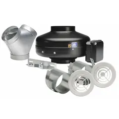 This inline duct fan kit moves air through 4-inch ducts at up to 153 cfm. It operates on 120V AC single-phase power with an 84 W standard-efficiency motor and is speed controllable. The galvanized steel housing is rated IP44, and the kit includes one Y fitting. Suitable for general ventilation in duct systems.