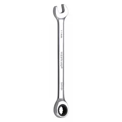 Alloy steel construction with chrome finish. 11 mm head size, 12-point ratcheting box end for faster fastener engagement, and open end for high-torque applications. Overall length 6 1/2 in, standard rounded design. Suitable for tightening or loosening 11 mm fasteners in automotive, machinery, and general assembly tasks.