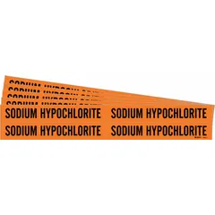Orange adhesive pipe marker with black legend text reading 'Sodium Hypochlorite'. Fits pipe outer diameters from 3/4 to 2-3/8 inches. Sold in a 5-pack without directional arrows. Used to identify piping contents in industrial facilities.