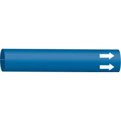 Blue blank strap-on pipe marker for pipe outer diameters from 6 to 7-7/8 inches. Includes directional arrows for flow indication. Applied by strapping around the pipe for secure identification in industrial piping systems.
