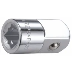 This square-drive socket adapter converts a 1/2" drive tool to accept 3/4" drive sockets. It has a chrome finish and an overall length of 1-1/2 inches. Used in automotive repair, industrial maintenance, and assembly applications where different drive sizes are needed.
