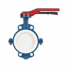 Concentric wafer-style butterfly valve with ductile iron body, PTFE and FKM seals, and stainless steel disc. Rated for 250 psi CWP. Gear operated handwheel for precise throttling or on-off control in water, air, and compatible fluid systems.