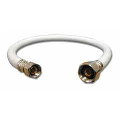 This bulk faucet connector has a PVC tube with a stainless steel cover, rated for 250 psi. It is 20 inches long with a 5/16 inch inside diameter, meeting IAPMO standards. Used to connect water supply lines to faucets in plumbing systems.