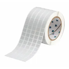 Gray metalized polyester precut label roll, 3 11/32 in x 7/16 in, halogen-free. Compatible with THT printer series for industrial identification and labeling.