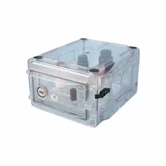 Rectangular non-vacuum desiccator with 0.7 cu ft capacity, constructed of polyester. Includes a lid. Overall width is 13 3/8 in. Used for storing moisture-sensitive materials in laboratory or industrial environments.