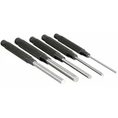 This 5-piece punch set includes flat-tip punches with tip diameters of 1/4 in, 1/8 in, 3/8 in, 3/16 in, and 5/16 in. Each punch has a 3 1/2 in taper length and is made of steel. Used for removing drive pins and taper pins in maintenance and assembly tasks.