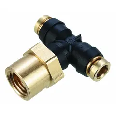 This brass push-fit tee fitting connects three pneumatic or air-brake lines of 1/4 in OD in a T configuration. It serves as an adapter for joining tubing in compressed air systems, vehicle air brakes, and fluid-handling applications. The brass construction provides corrosion resistance in industrial environments.