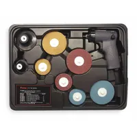 This compact air-powered angle grinder accepts 2 in and 3 in wheel diameters. It delivers 0.2 hp at a maximum speed of 15,000 RPM, suitable for light-duty grinding, sanding, and surface finishing in confined spaces