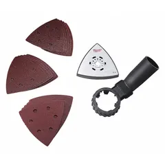 MILWAUKEE Sanding Sheet Set: 3 1/2 in Wd, 60_80_120 Grit, 15 Sheets, Sanding Sheet Set (MPN 49-90-2400). Key specifications — attr1097525: Aluminum Oxide; attr1097555: MILWAUKEE.