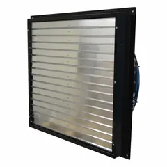 Shutter-mount exhaust fan with a 36-inch blade, powered by a 1 hp single-speed motor. Features a steel frame with powder-coated finish and Totally Enclosed Air Over motor enclosure. Operates at 115V AC, single phase. Suitable for general ventilation in industrial and commercial spaces.