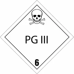 Class 6 placard for marking containers holding toxic, poison inhalation, or infectious substances. Measures 10 3/4 in x 10 3/4 in with PG III 6 message. Used for hazardous materials shipping compliance.