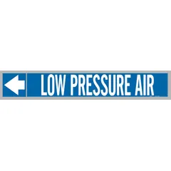 Blue adhesive pipe marker with white legend 'Low Pressure Air' and directional arrows. Fits pipe outer diameters of 1-1/2 to 2 inches. Supplied on a roll of 25 markers for convenient application in identifying low-pressure air lines.