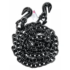 This Grade-80 single-leg chain sling is 5 ft in length with a fixed steel construction. It includes a grab hook for secure attachment. Used in material handling for lifting and rigging heavy loads in industrial settings.