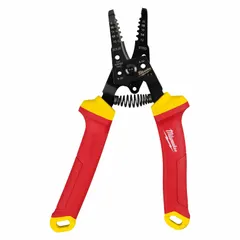This multifunction wire stripper is designed for stripping and cutting 10 to 18 AWG solid wire. It features an insulated, rounded edge blade and an angled head for access in confined spaces. Suitable for electrical work in industrial maintenance, panel building, and field service applications.