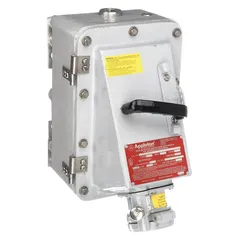 Three-phase mechanical interlock rated 600V AC, 60 A, with 4-pole, 3-wire configuration. Designed for Class III hazardous locations where combustible fibers or flyings are present. Does not include reverse service.
