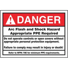 Vinyl adhesive sign measuring 3 1/2 in x 5 in with a thickness of 0.006 in. Features a danger message warning of arc flash and shock hazards, requiring appropriate PPE and prohibiting control operation. Not retroreflective and does not glow in the dark. Suitable for application on electrical panels, switchgear, and industrial equipment.