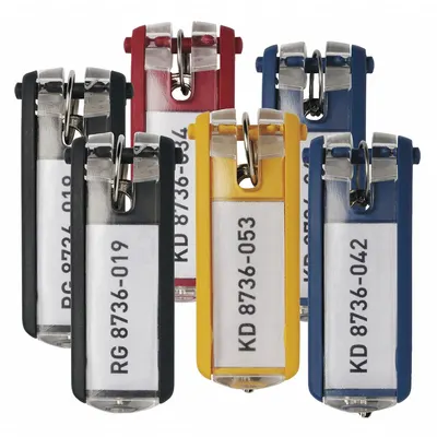 DURABLE Key Tag: 6 Key Tags, Rectangle, Multi-Color, Plastic, Blank Label, 2 5/8 in Overall Ht - Unlabeled Key Tags