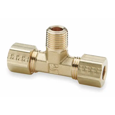 PARKER Compression Tee Fitting: 1/4 in OD x 1/4 in OD x 1/4 in Pipe Fitting Size, Brass - Standard Sleeve Brass Compression Fittings