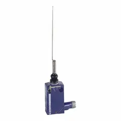 This cat-whisker wobble-stick limit switch from the XCMD series features a non-metallic body and a Zamak actuator. It uses a 4-pin M12 connector for electrical connection and has two mounting holes. Typical applications include position sensing on automated machinery, conveyors, and packaging lines where a flexible, omnidirectional actuation is needed.
