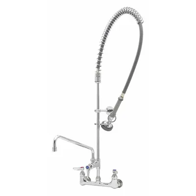 T&S BRASS Pre Rinse Faucet: Wall, 2 Mounting Holes, Chrome, 1.42 gpm Flow Rate, Pull-Down Spout - Pre-Rinse Faucets with Spray Spring Hose