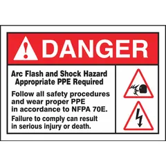 Arc Flash Label: Vinyl, Adhesive Sign Mounting, 3 1/2 in x 5 in Nominal Sign Size, 0.006 in Thick (MPN LELC313). Key specifications — Sign Mounting Style: Adhesive; Retroreflective Grade: Not Retroreflective; Glow In The Dark: No.