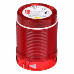 Red-lens flashing light module for industrial signaling applications. Operates at 120V AC with a 50 mm overall diameter and 2 3/4 in overall height. Used in tower light stacks to indicate machine status, warnings, or process events.