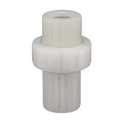 This inline diaphragm check valve features a polypropylene body with 1/2-inch FNPT female NPT connections. The FKM diaphragm provides sealing to prevent backflow in fluid systems. Suitable for applications requiring chemical resistance and reliable flow control.