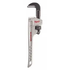 This straight pipe wrench has a 10 in overall length and a 1-1/2 in jaw capacity. It features a serrated jaw for gripping pipes and an ergonomic design. Suitable for turning pipes, fittings, and round stock in plumbing and mechanical work.