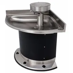 This ACORN wash fountain features a stainless steel corner bowl with a black/silver finish and a P-Trap drain. It is foot-operated via push button, reducing hand contact in high-traffic commercial restrooms, schools, and industrial facilities. The unit has an overall width of 37 inches and is not ADA compliant.