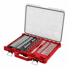 This 47-piece socket set includes 1/2 in drive tools and deep sockets in metric sizes from 10 mm to 24 mm. The 6-point sockets feature a friction design for secure fastener engagement. Suitable for automotive repair, equipment maintenance, and general mechanical work.