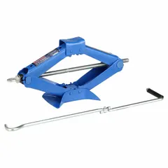 This manual-handle scissor jack is a mechanical lifting device with a 1.5-ton load capacity. Its steel body provides structural support for roadside tasks such as changing a flat tire. The jack is operated by a manual handle for controlled lifting.