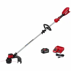This battery-powered string trimmer features a straight shaft with a length of 73.6 inches and a 27 cc power class. It is designed for cutting grass and weeds in landscaping and grounds maintenance, offering a gas-free operation. The trimmer is not capable of gas operation.