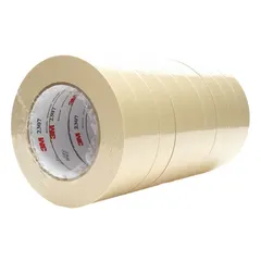 This general purpose masking tape features a crepe paper backing with a rubber adhesive, designed for indoor use on wood surfaces. It provides clean paint lines and temporary holding during painting, staining, or finishing projects. The tape is tan, 15/16 inches wide, 60 yards long, and 5.2 mil thick.