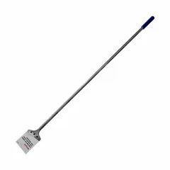 This floor scraper features a carbon steel blade with a straight, square shape for stiff scraping tasks. The plastic handle provides a secure grip. Typical applications include removing adhesives, paint, or floor coverings from concrete or wood surfaces.