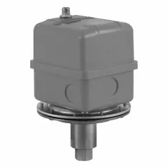 Electromechanical diaphragm vacuum switch for power circuits. Features DPST contact configuration, maximum pressure rating of 100 psi, and 1/2" NPT connection. Used to monitor vacuum or pressure levels and control electrical loads in industrial automation, packaging, and material handling systems.