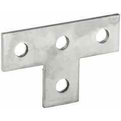 Tee plate with 4 holes, 9/16 in hole diameter, designed for 1 5/8 in strut channels. Made from 316 stainless steel. Used to connect strut channels at right angles in industrial framing systems for supporting piping, conduit, and equipment.