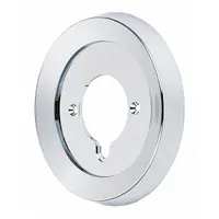 Metal circle trim plate with chrome finish. Covers wall opening around shower faucets, providing a finished appearance and protecting the wall from moisture. Suitable for use in commercial and residential plumbing installations