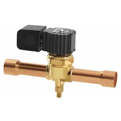 Normally closed, 2-way solenoid valve for refrigerant flow control in refrigeration, air conditioning, and heat pump systems. Port size 0.6 in with 1 1/8 in female sweat connections. Suitable for on/off regulation in commercial and industrial cooling circuits.