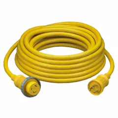 This 25 ft outdoor extension cord features a NEMA L5-30P plug and a single outlet, with 10/3 STW cable rated for temperatures from -4° to 140°F. It is suitable for supplying power to boats, RVs, and temporary equipment in wet locations such as marinas or campsites.