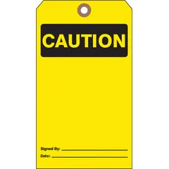 Yellow single-part caution tags with cotton string fastener, supplied in a 25-pack. The legend is printed on one side only. Used for temporary warning marking of equipment or areas in industrial maintenance and lockout/tagout procedures.