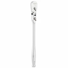 This MILWAUKEE flex-head ratchet features a pear head design and a chrome finish. It is reversible with a 4° minimum arc swing and an overall length of 8-3/4 inches. Suitable for tightening and loosening fasteners in confined spaces where a straight handle cannot swing, common in automotive and industrial maintenance tasks.